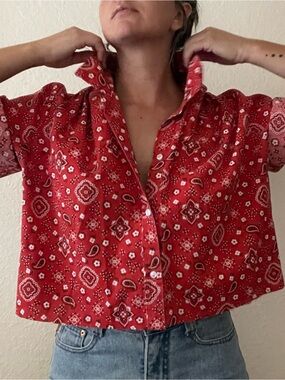 Red Paisley Button-Up Crop Top
